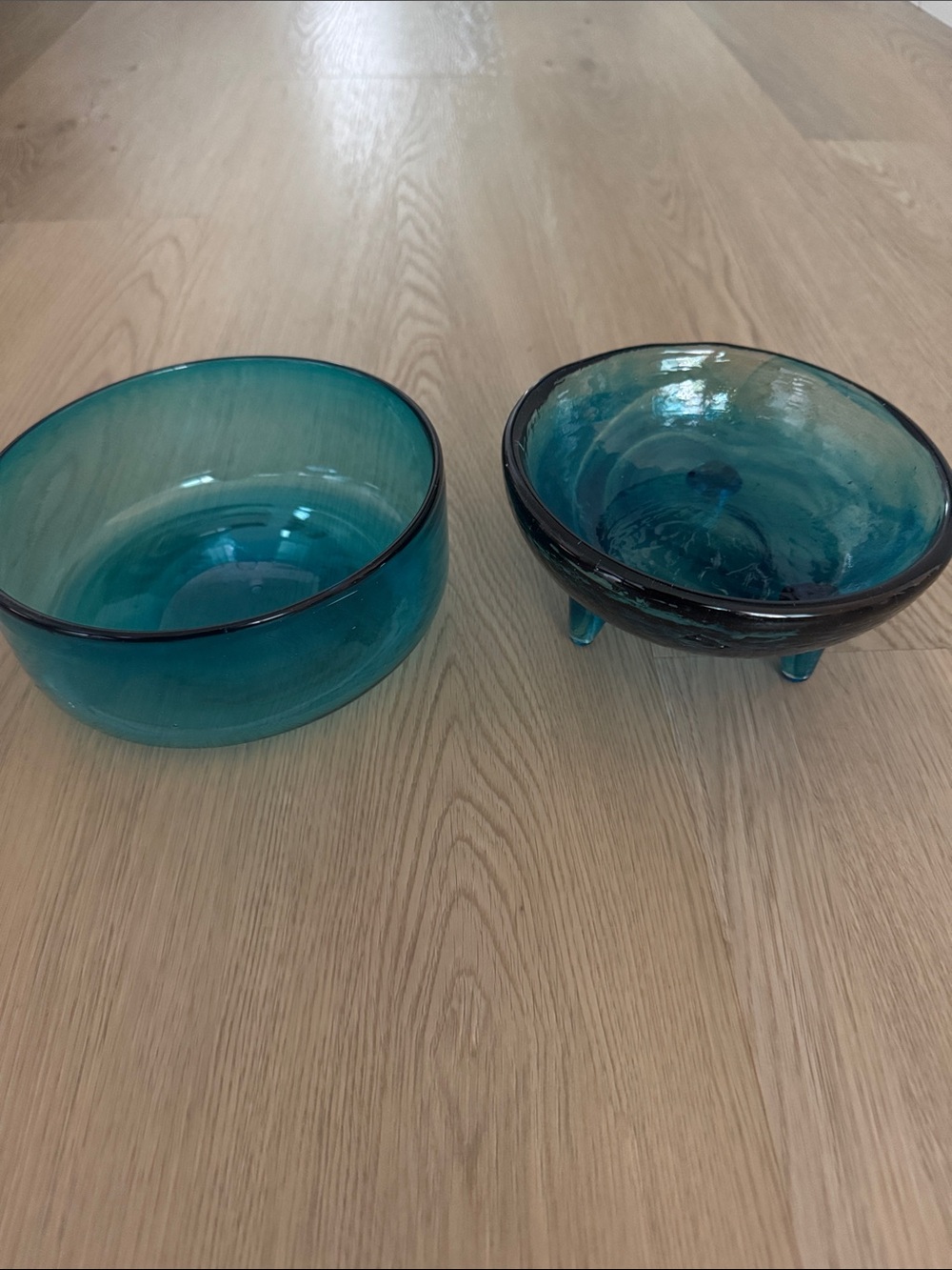 Set of Two Teal Glass Serving Bowls